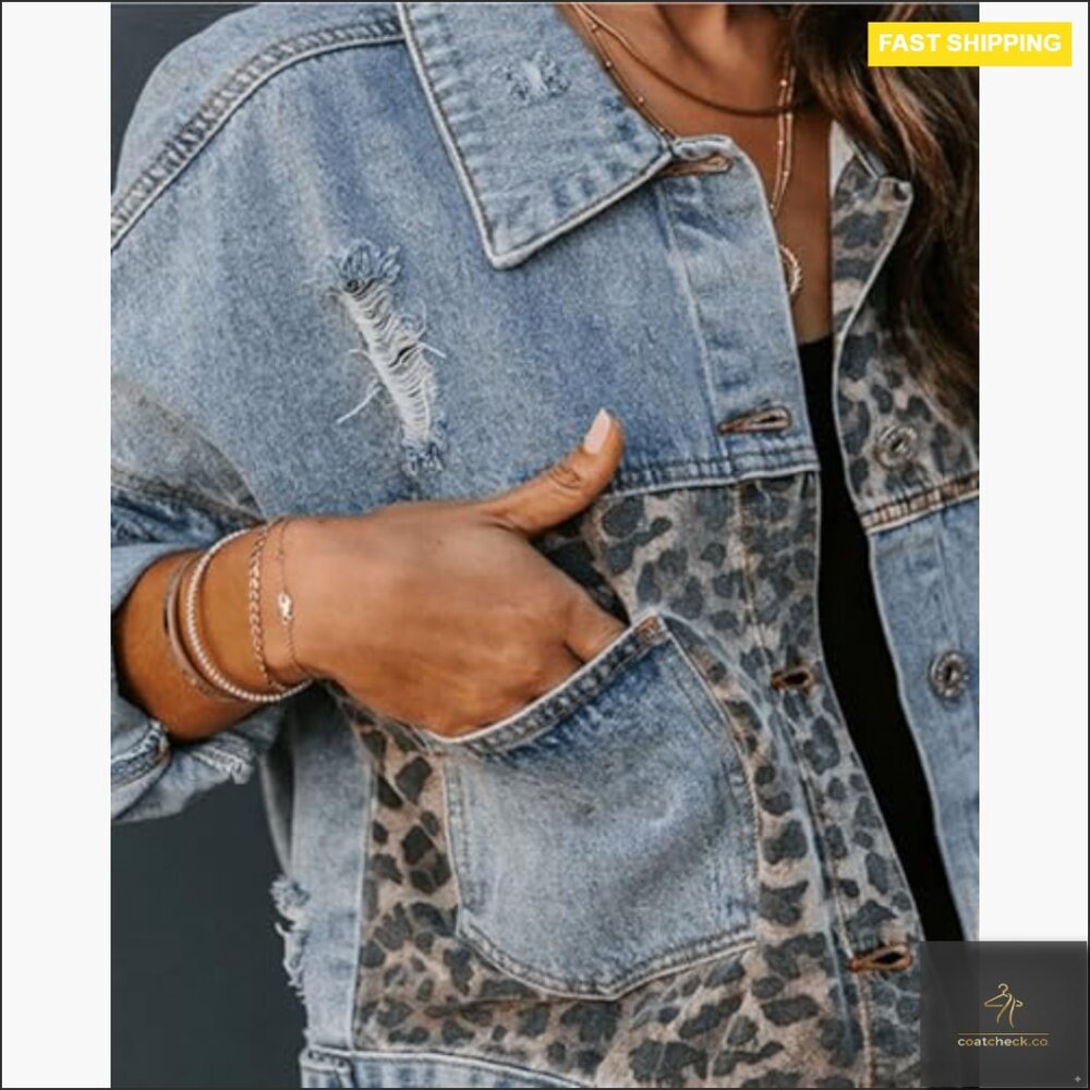 Distressed Denim Jacket Leopard Patchwork Cropped… - image 5